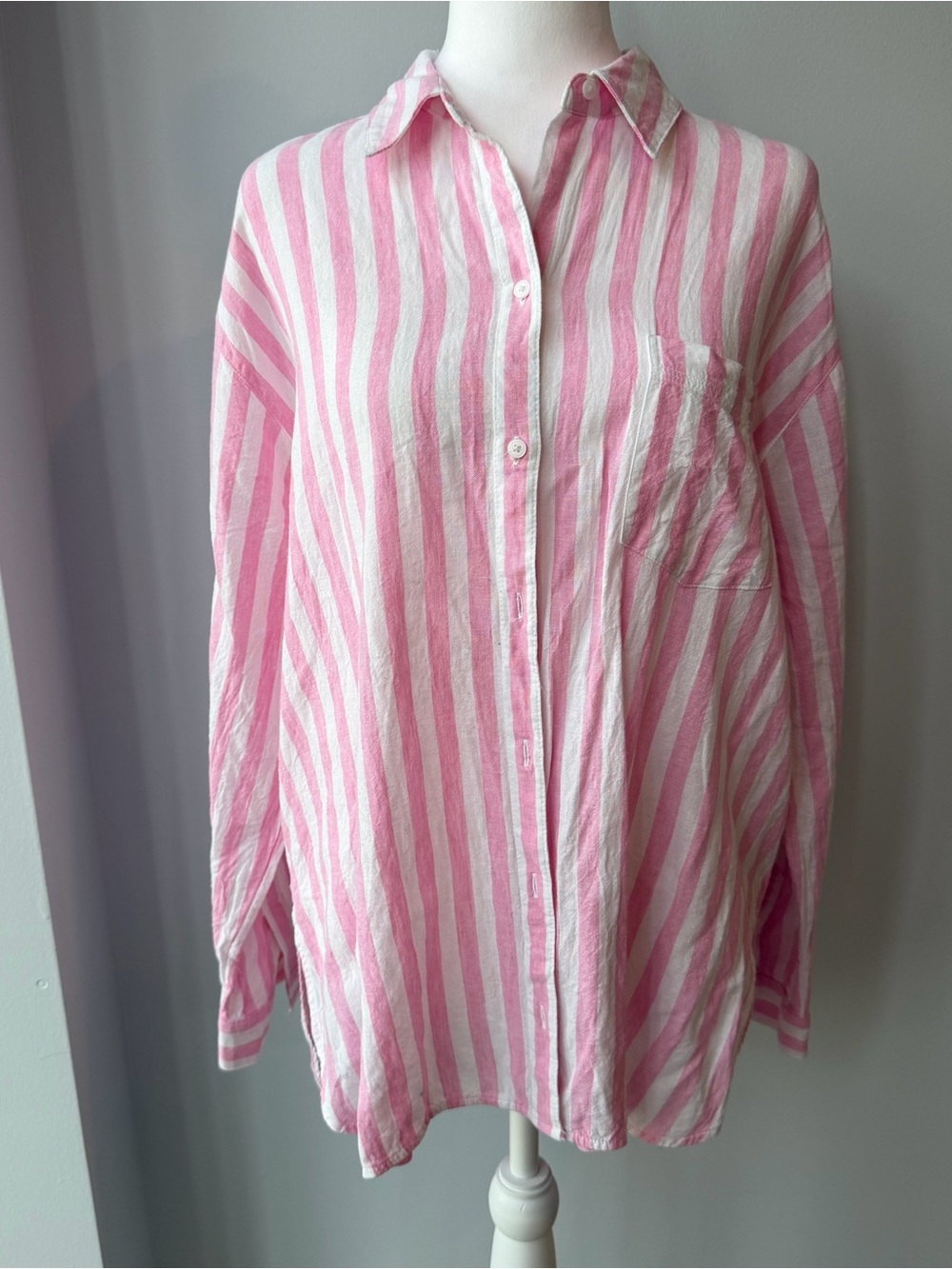 Old Navy Pink White Striped Linen Blend 2-Piece Set: Boyfriend Shirt & Shorts